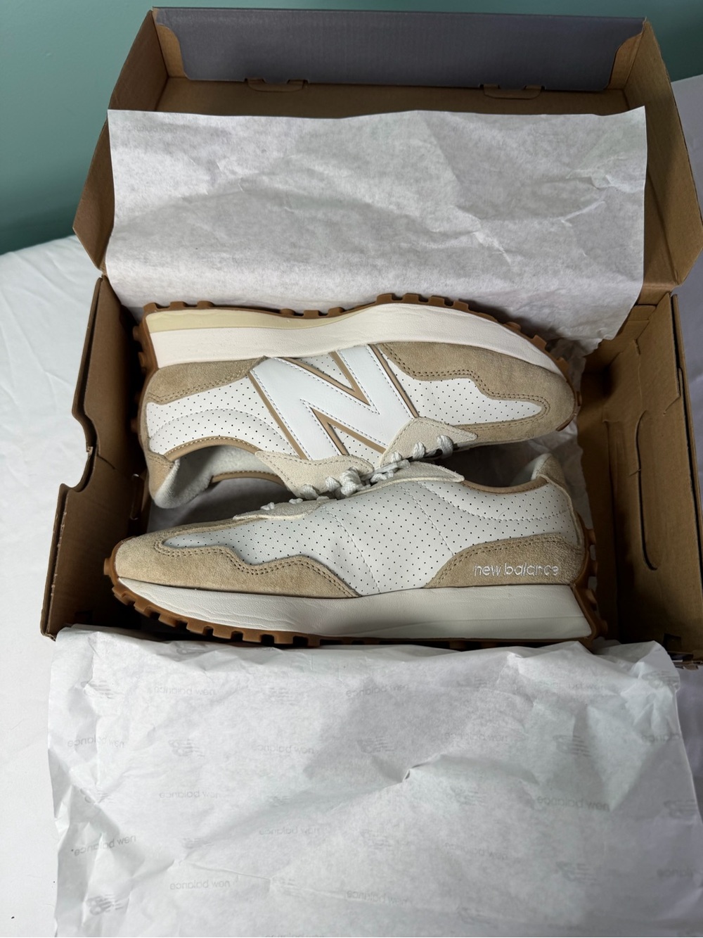 New Balance White and Tan New Balance 327 'Incense Sea Salt' (MS327PS) size 8 W - Picture 13 of 13